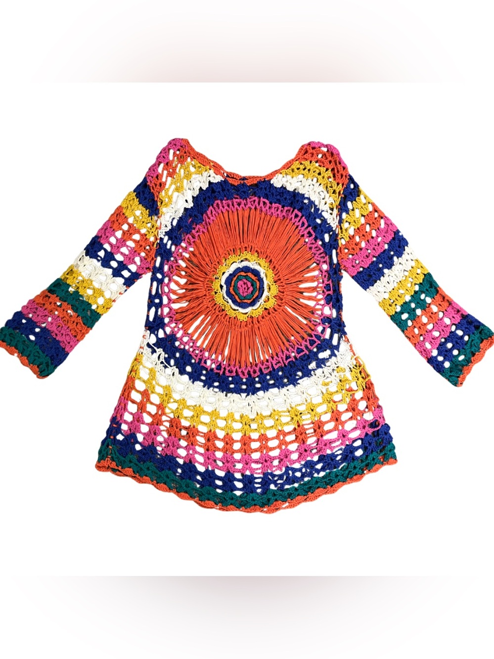 Rainbow Crochet Knit Tunic Cover Up One Size Boho Hippie 70s Festival Unique Y2K